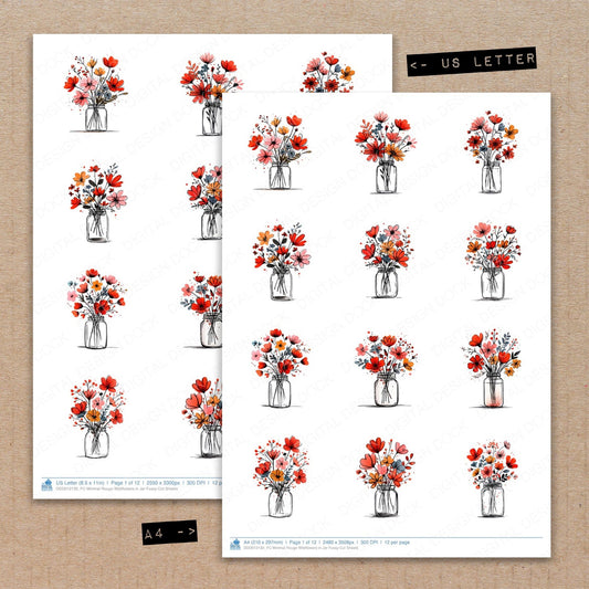 A4 and US Letter format comparison showing Minimal Rouge Wildflowers in Jar fussy cut pages for print and cut crafting