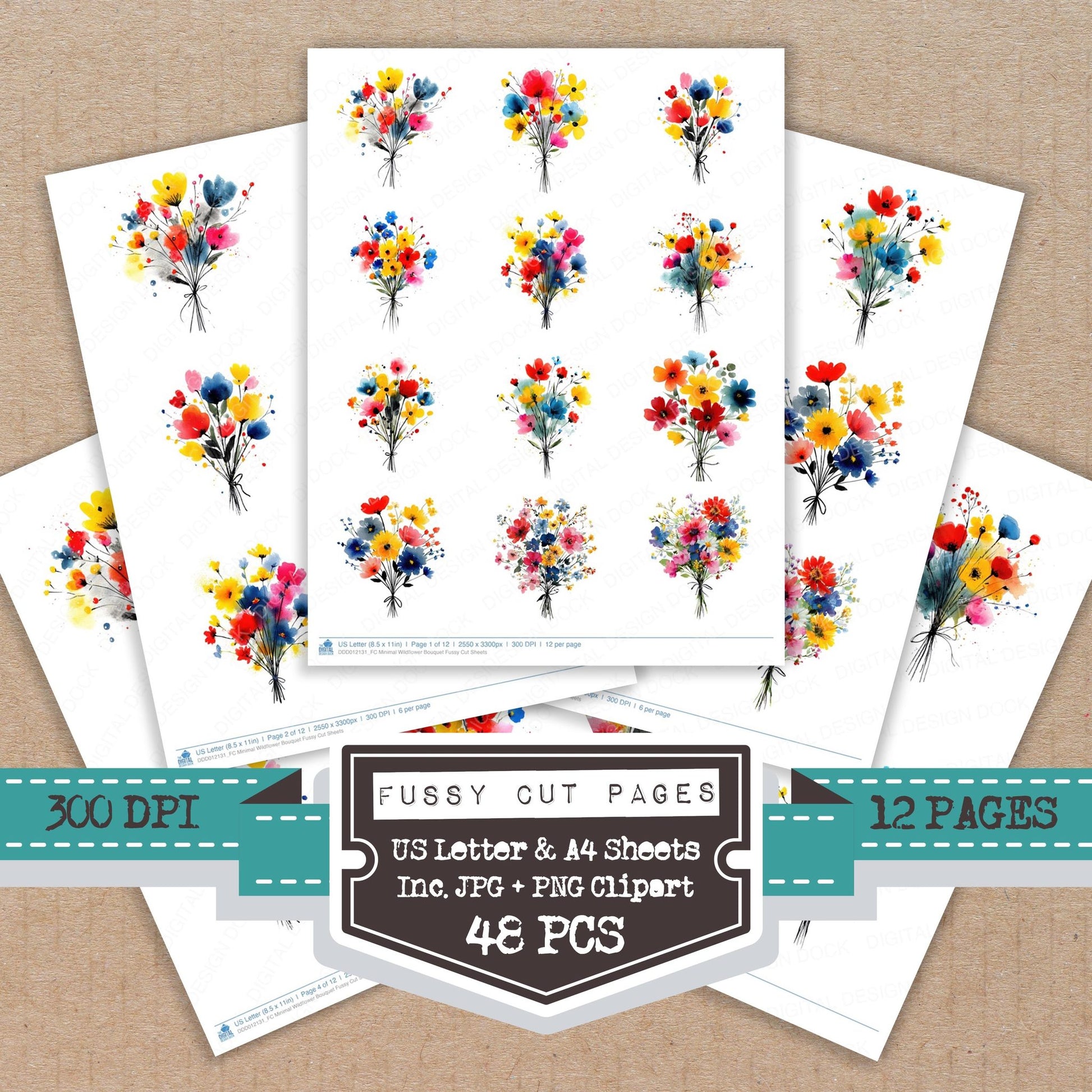 Minimal Wildflower Bouquet fussy cut printable sheets for junk journaling, scrapbooking, and paper craft projects