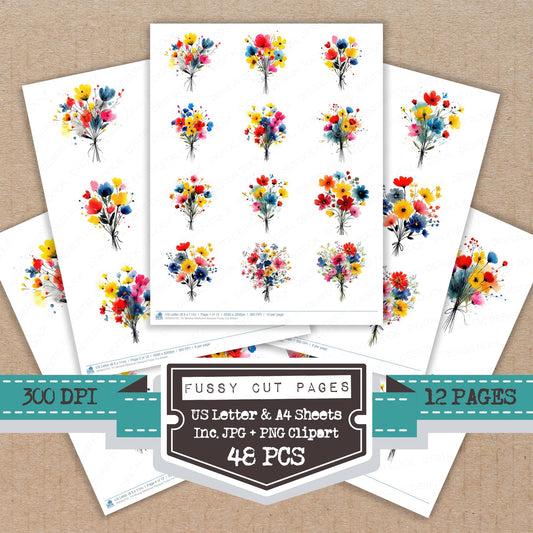 Minimal Wildflower Bouquet fussy cut printable sheets for junk journaling, scrapbooking, and paper craft projects