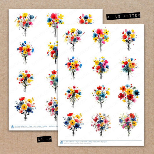 A4 and US Letter format comparison showing Minimal Wildflower Bouquet fussy cut pages for print and cut crafting