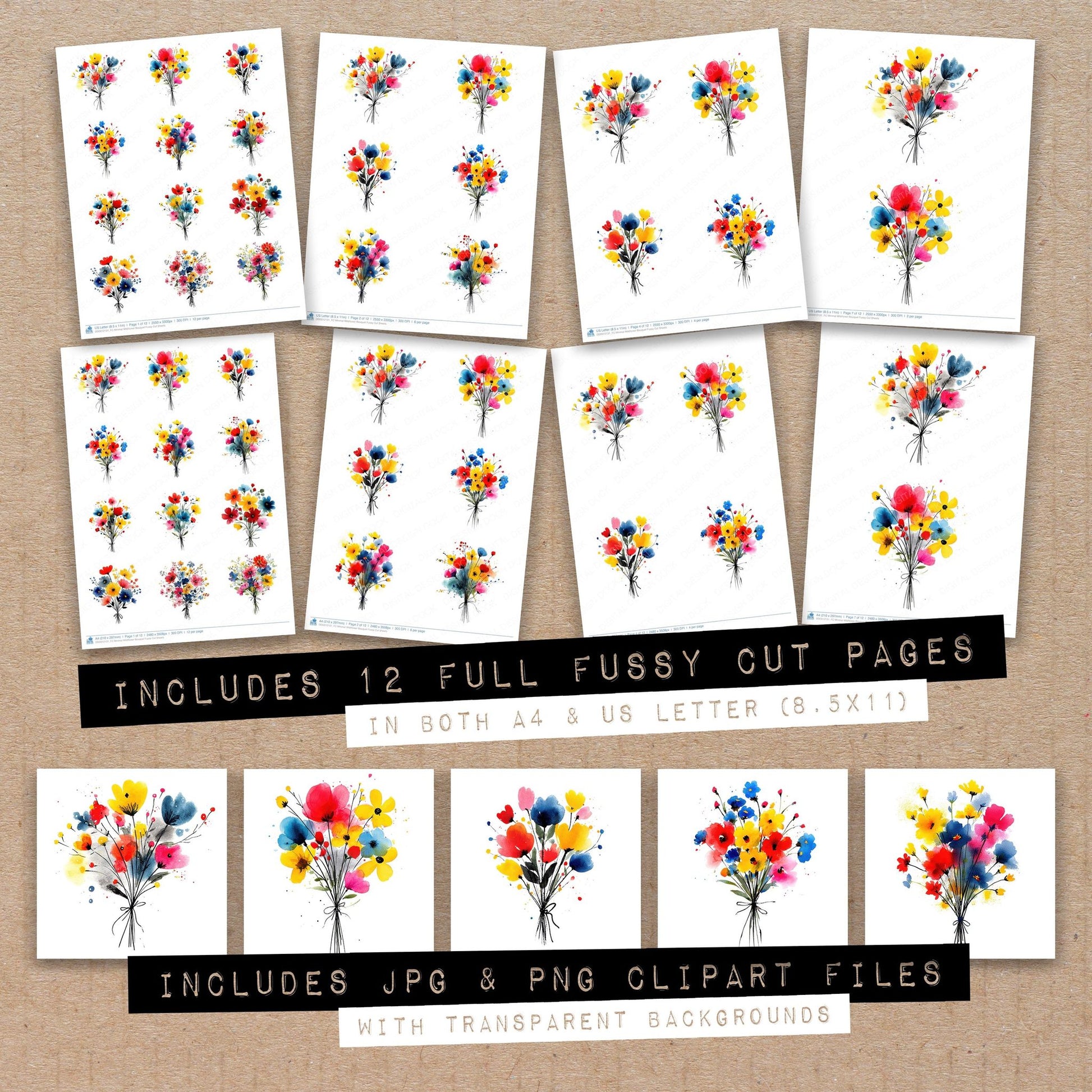 Full collection view of Minimal Wildflower Bouquet fussy cut sheets with bonus clipart JPG and PNG files