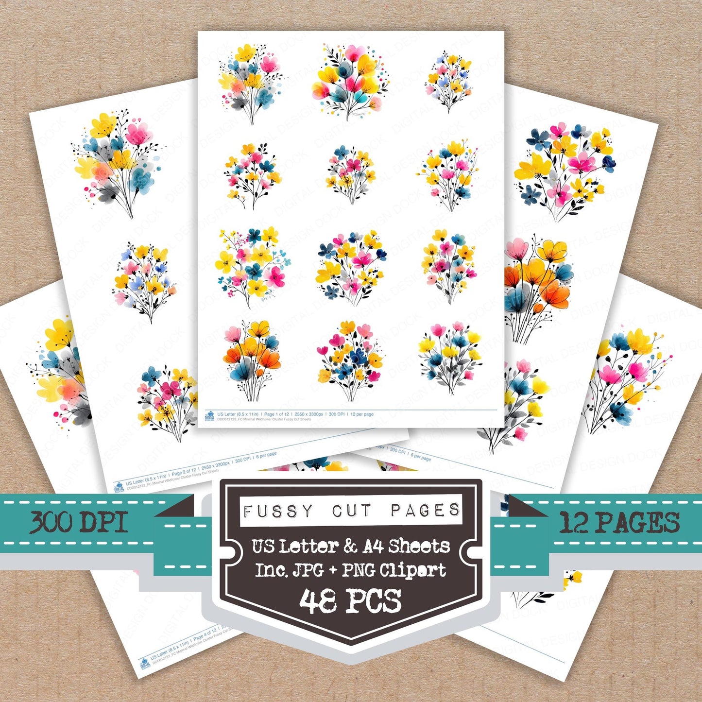 Minimal Wildflower Cluster fussy cut printable sheets for junk journaling, scrapbooking, and paper craft projects