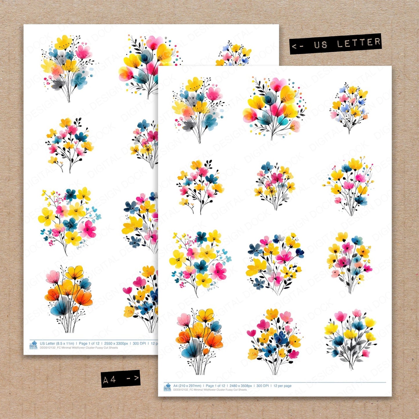 A4 and US Letter format comparison showing Minimal Wildflower Cluster fussy cut pages for print and cut crafting