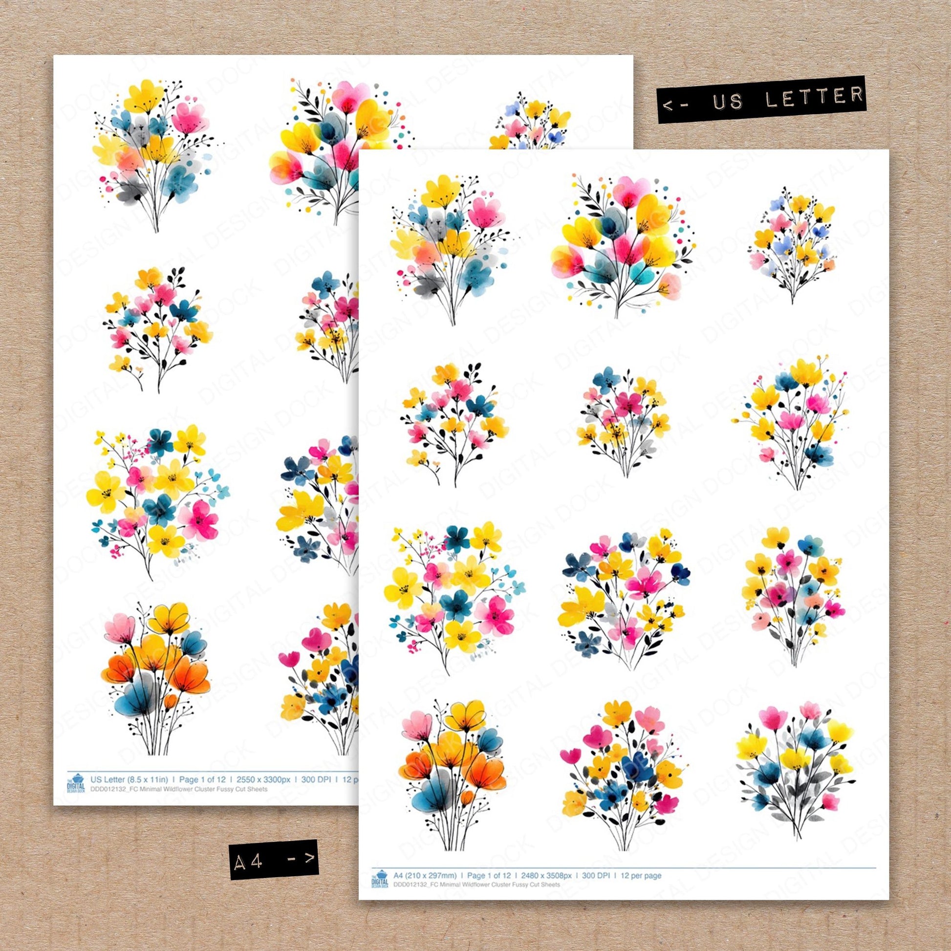 A4 and US Letter format comparison showing Minimal Wildflower Cluster fussy cut pages for print and cut crafting