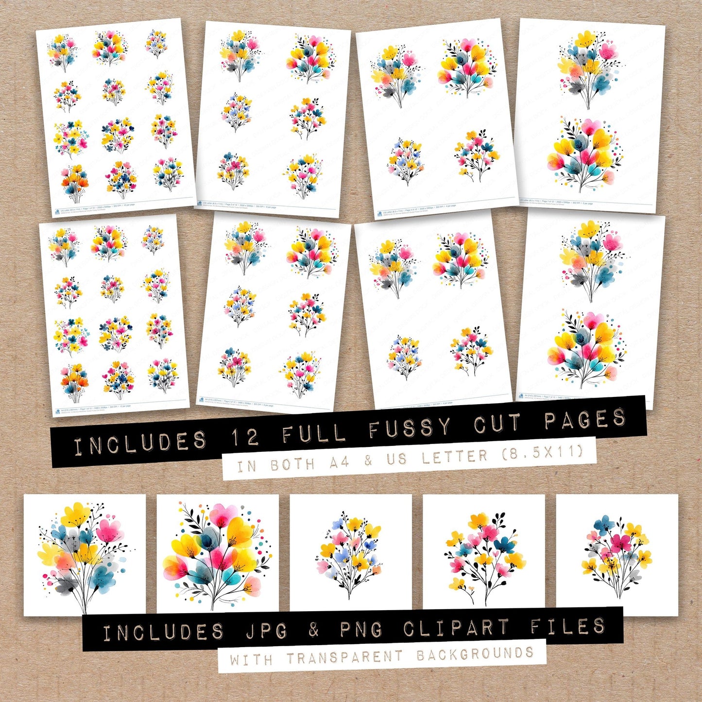 Full collection view of Minimal Wildflower Cluster fussy cut sheets with bonus clipart JPG and PNG files