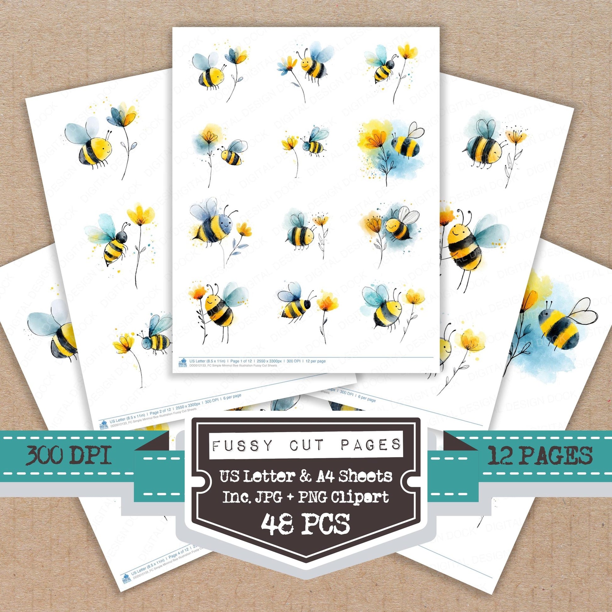 Simple Minimal Bee Illustration fussy cut printable sheets for junk journaling, scrapbooking, and paper craft projects