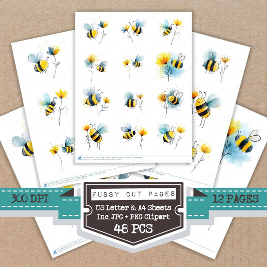 Simple Minimal Bee Illustration fussy cut printable sheets for junk journaling, scrapbooking, and paper craft projects