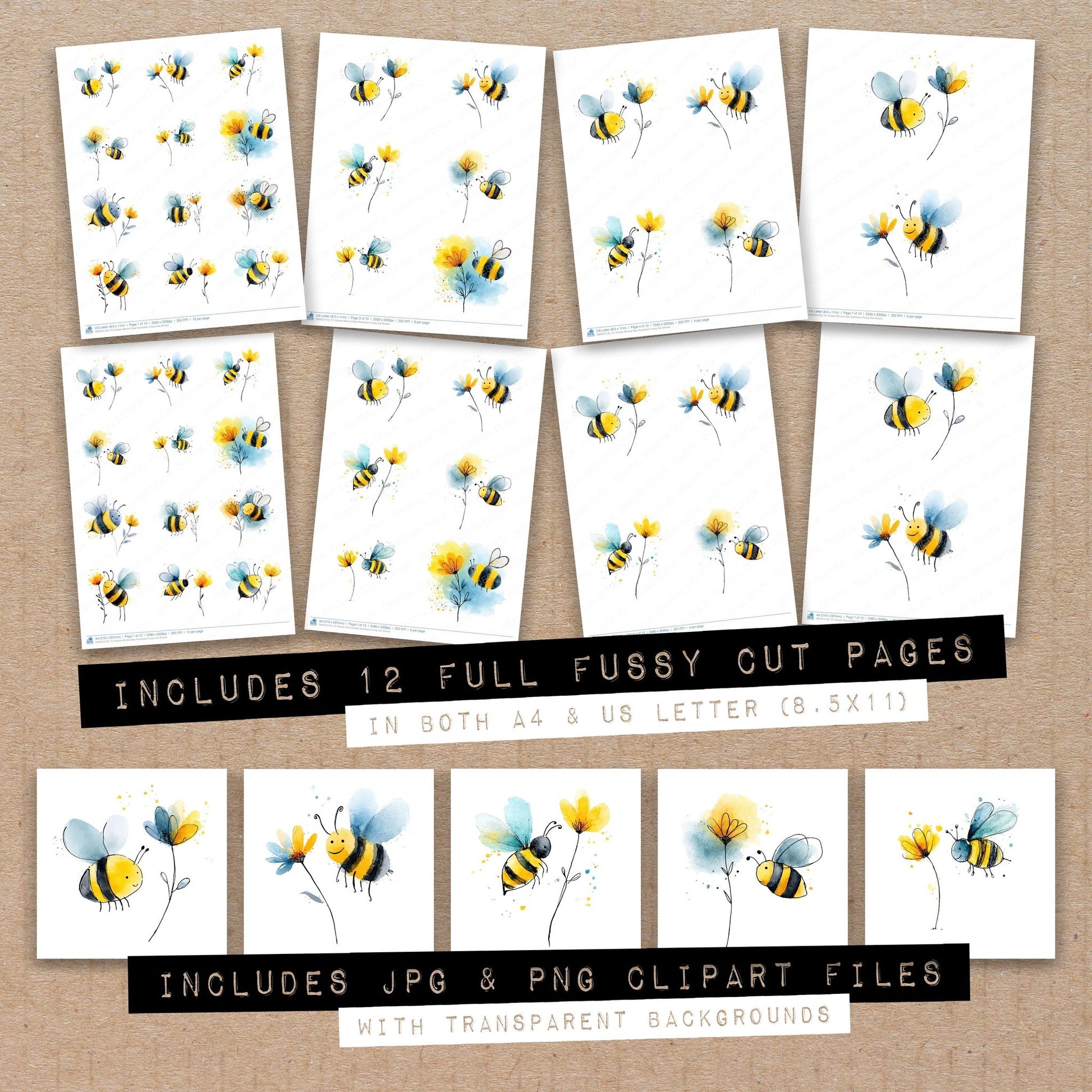 Full collection view of Simple Minimal Bee Illustration fussy cut sheets with bonus clipart JPG and PNG files