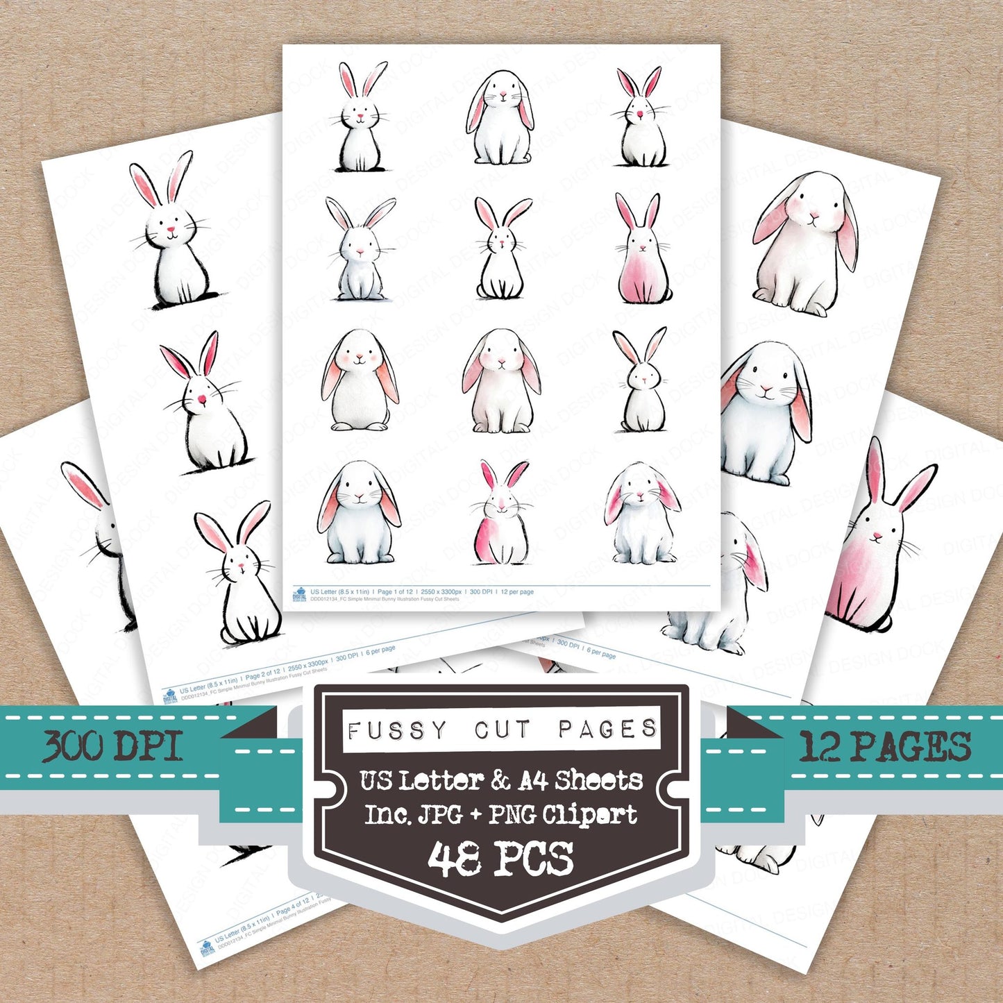 Simple Minimal Bunny Illustration fussy cut printable sheets for junk journaling, scrapbooking, and paper craft projects