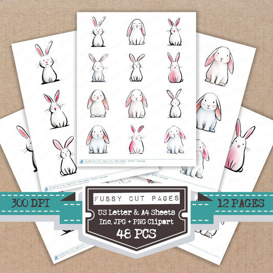 Simple Minimal Bunny Illustration fussy cut printable sheets for junk journaling, scrapbooking, and paper craft projects