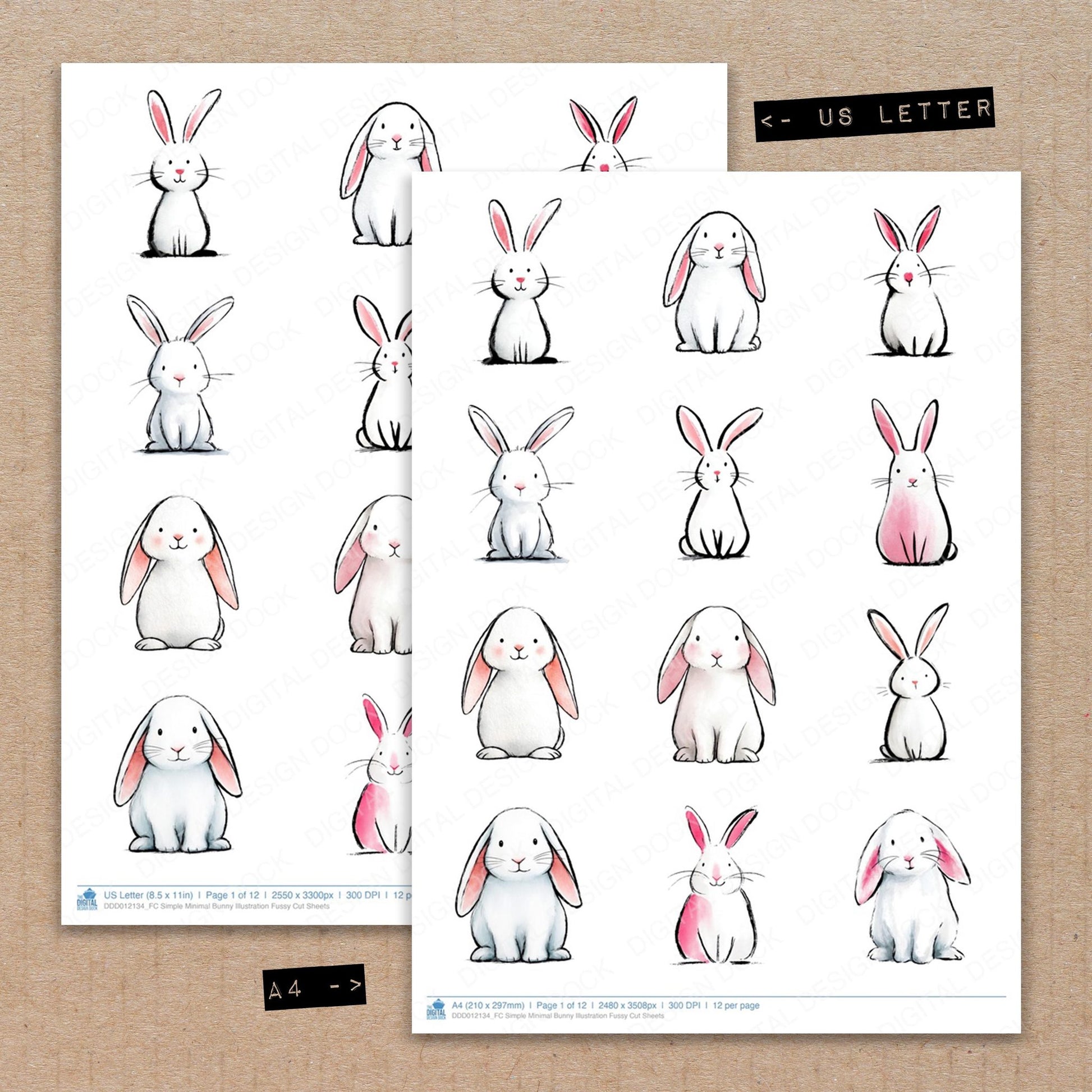 A4 and US Letter format comparison showing Simple Minimal Bunny Illustration fussy cut pages for print and cut crafting