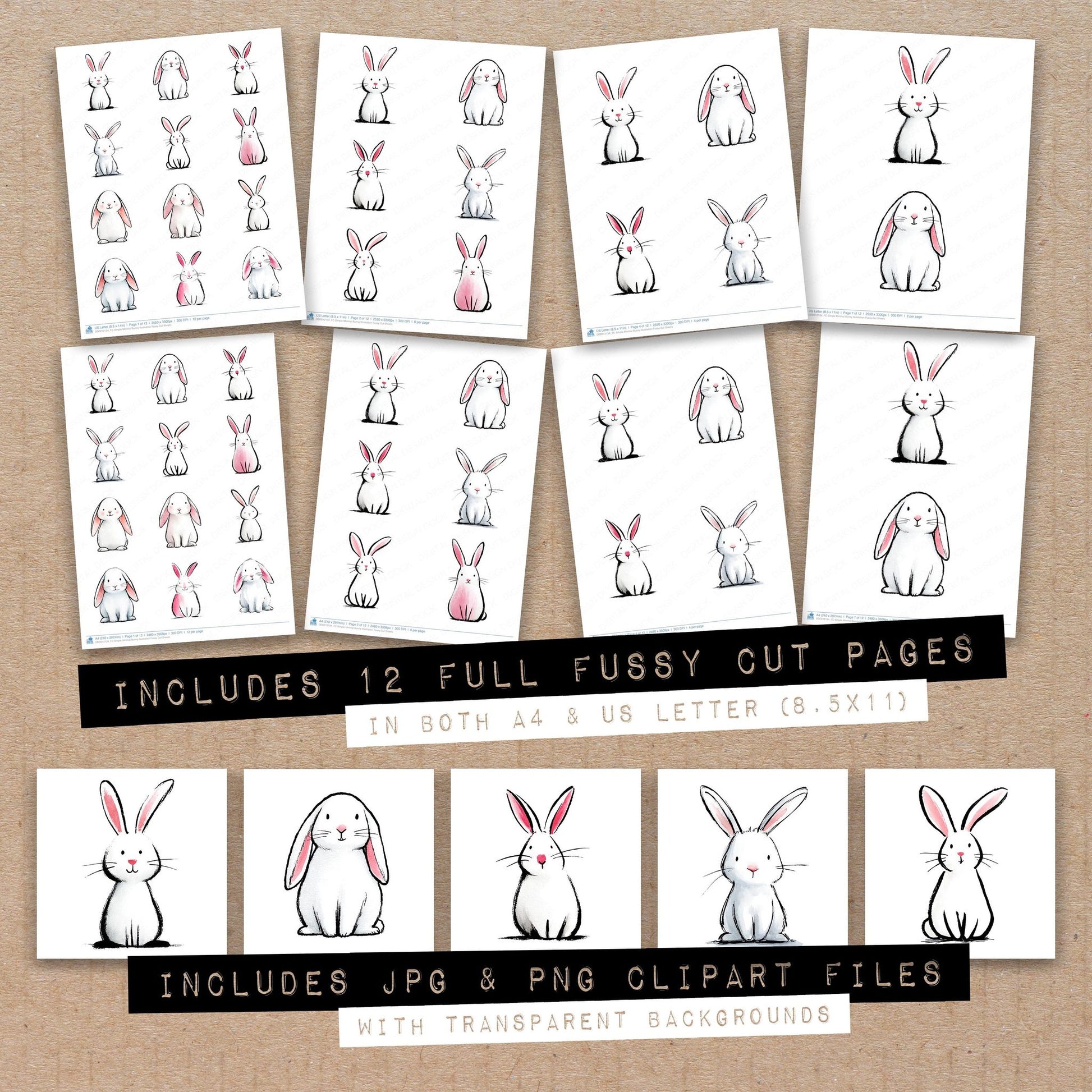 Full collection view of Simple Minimal Bunny Illustration fussy cut sheets with bonus clipart JPG and PNG files