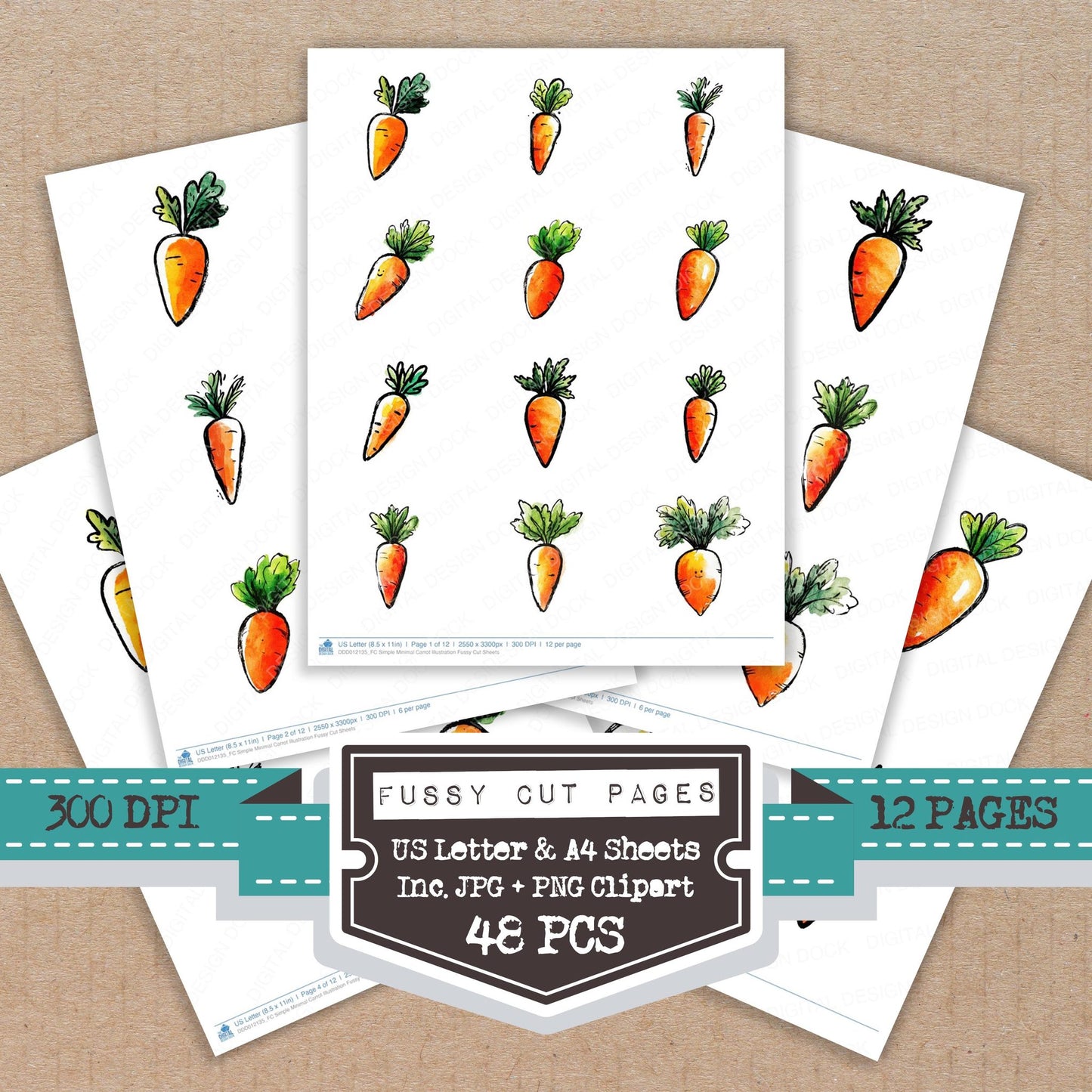 Simple Minimal Carrot Illustration fussy cut printable sheets for junk journaling, scrapbooking, and paper craft projects