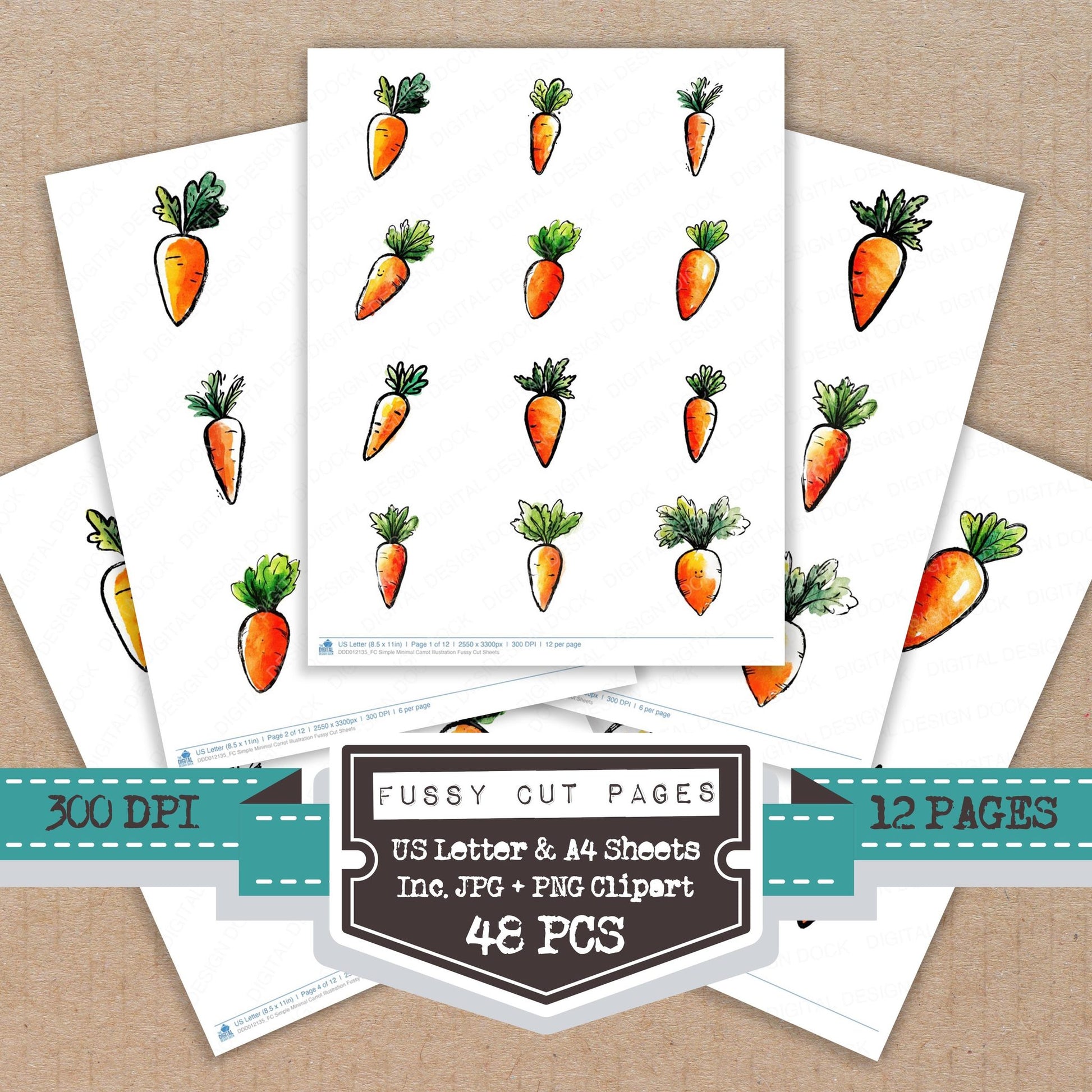Simple Minimal Carrot Illustration fussy cut printable sheets for junk journaling, scrapbooking, and paper craft projects