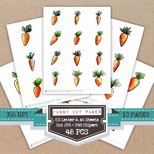 Simple Minimal Carrot Illustration fussy cut printable sheets for junk journaling, scrapbooking, and paper craft projects