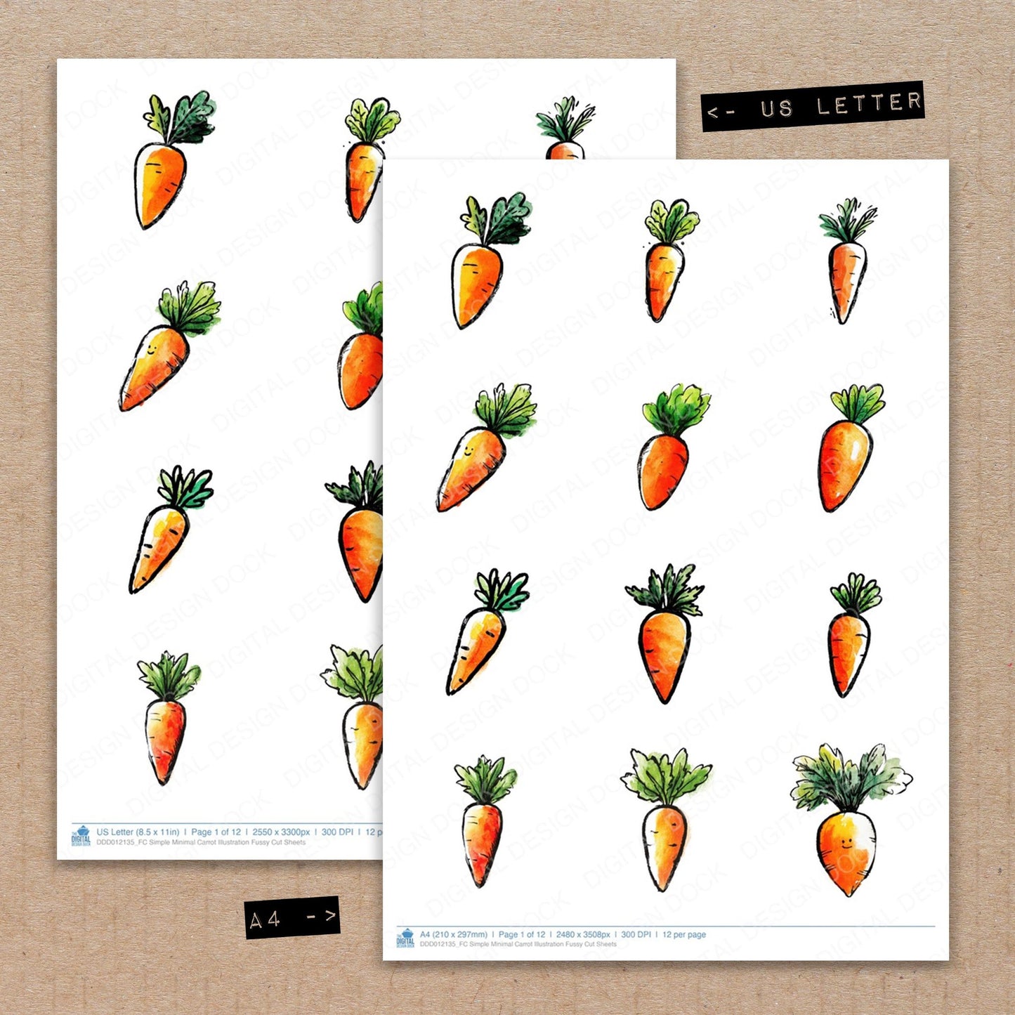 A4 and US Letter format comparison showing Simple Minimal Carrot Illustration fussy cut pages for print and cut crafting