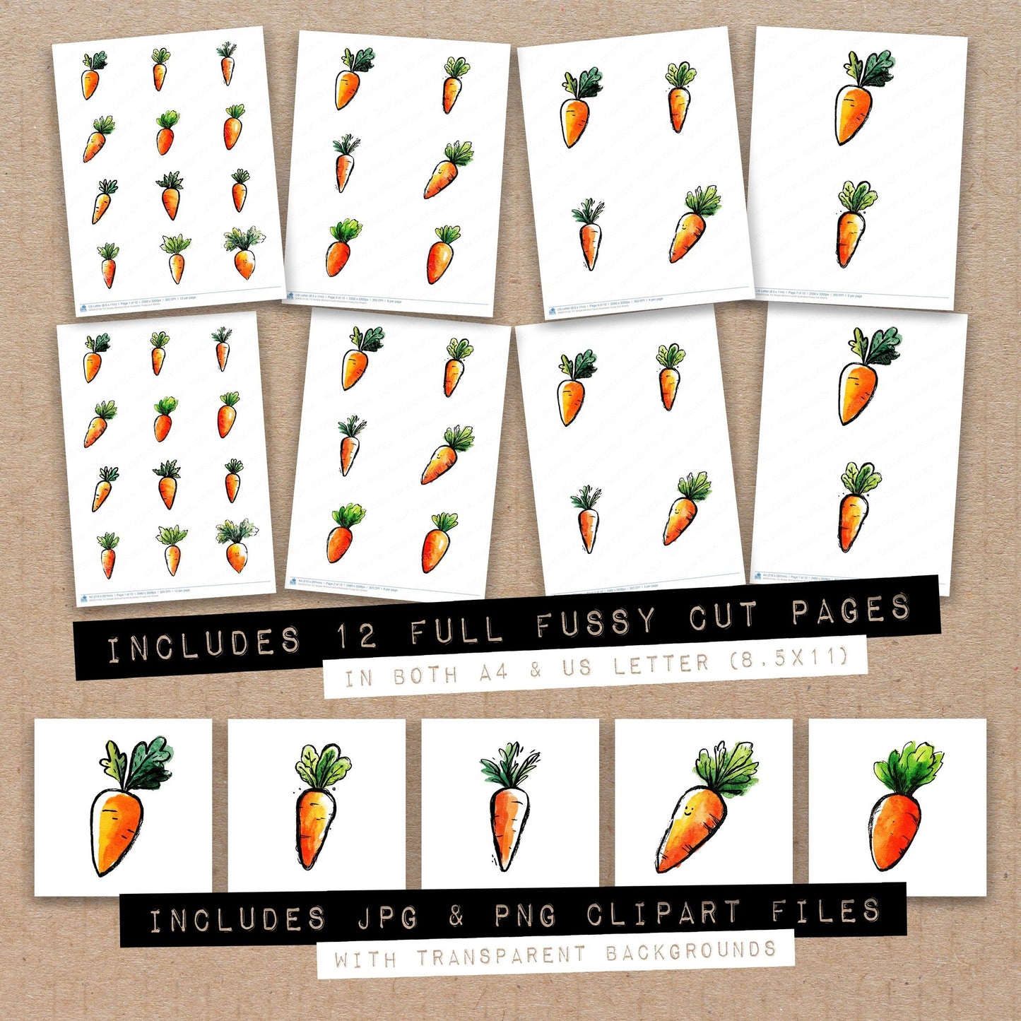 Full collection view of Simple Minimal Carrot Illustration fussy cut sheets with bonus clipart JPG and PNG files