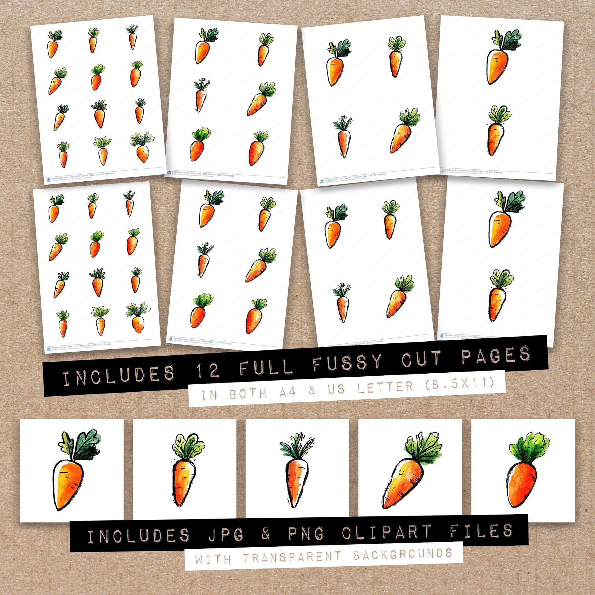 Full collection view of Simple Minimal Carrot Illustration fussy cut sheets with bonus clipart JPG and PNG files
