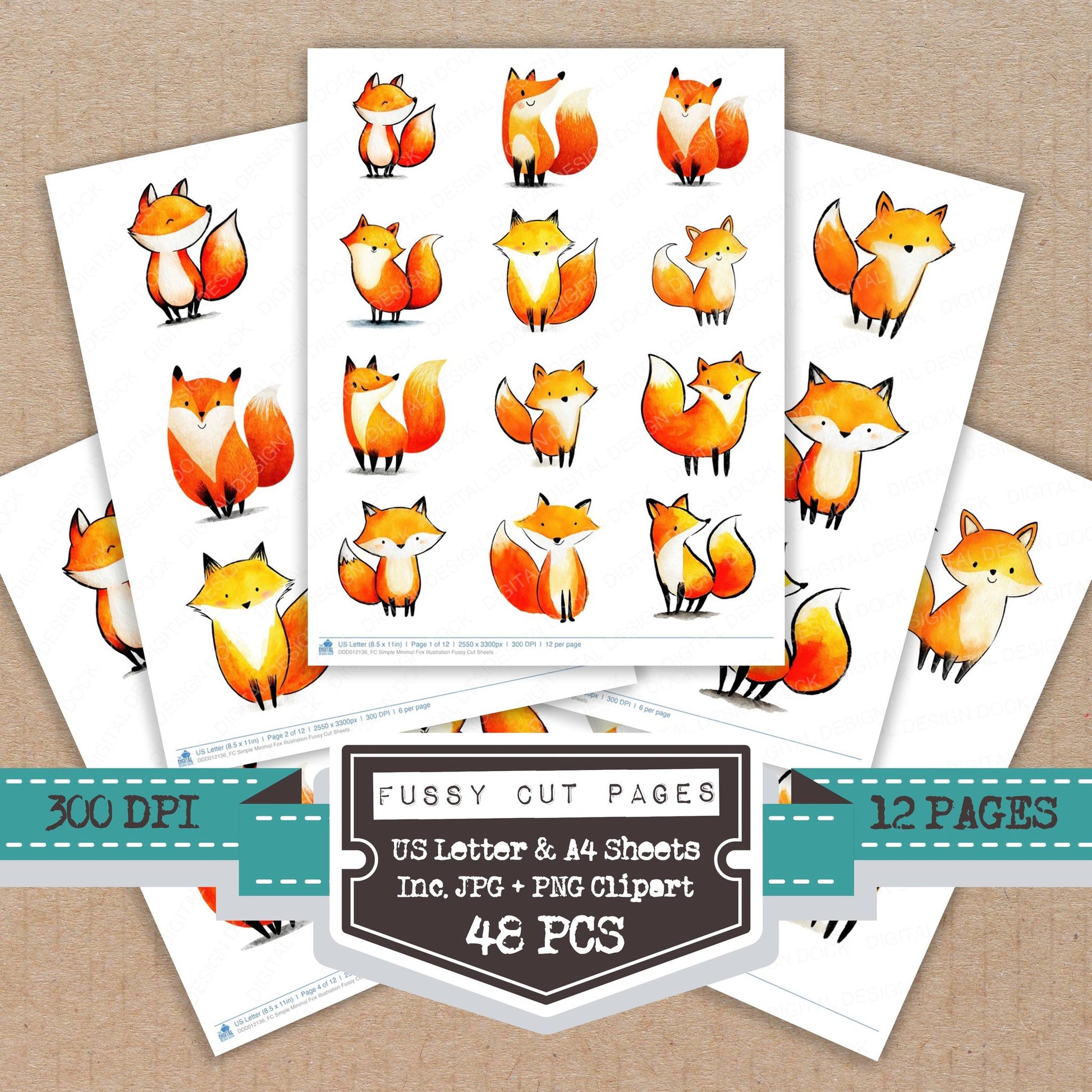 Simple Minimal Fox Illustration fussy cut printable sheets for junk journaling, scrapbooking, and paper craft projects