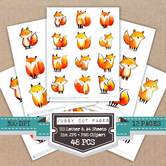 Simple Minimal Fox Illustration fussy cut printable sheets for junk journaling, scrapbooking, and paper craft projects