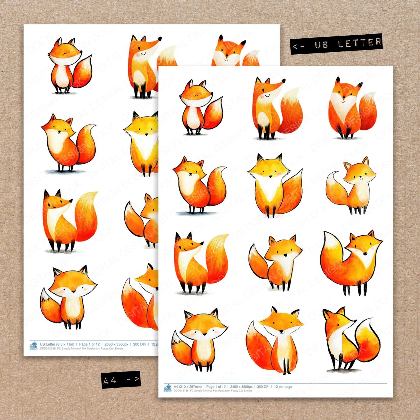 A4 and US Letter format comparison showing Simple Minimal Fox Illustration fussy cut pages for print and cut crafting