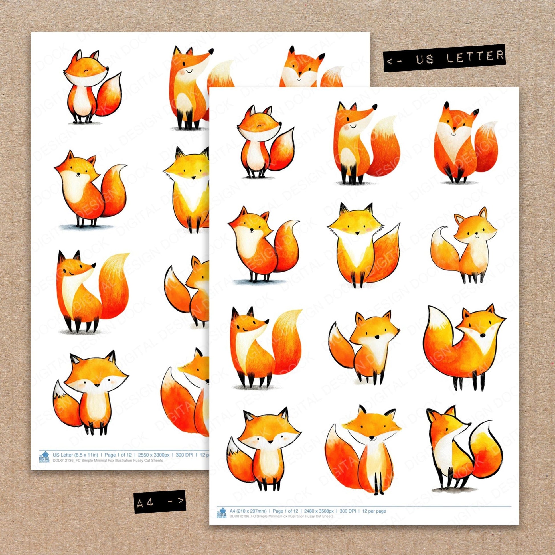 A4 and US Letter format comparison showing Simple Minimal Fox Illustration fussy cut pages for print and cut crafting
