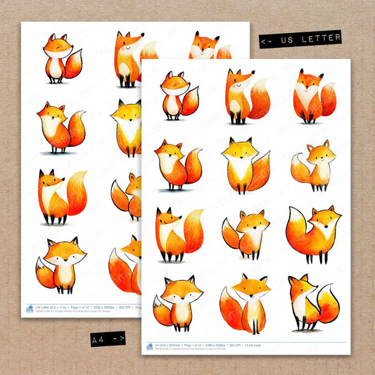 A4 and US Letter format comparison showing Simple Minimal Fox Illustration fussy cut pages for print and cut crafting