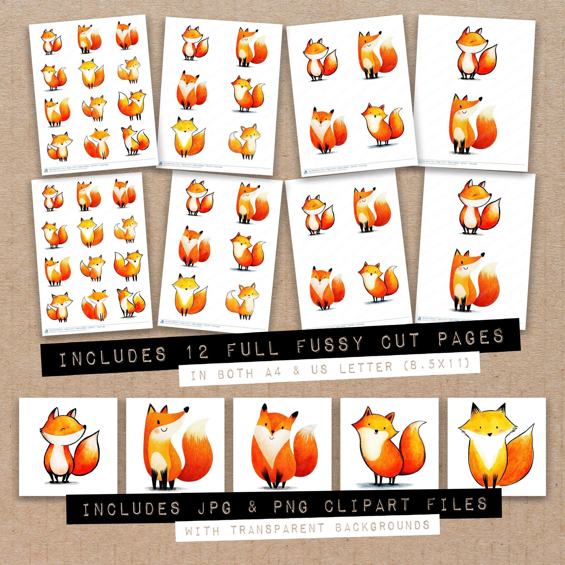 Full collection view of Simple Minimal Fox Illustration fussy cut sheets with bonus clipart JPG and PNG files