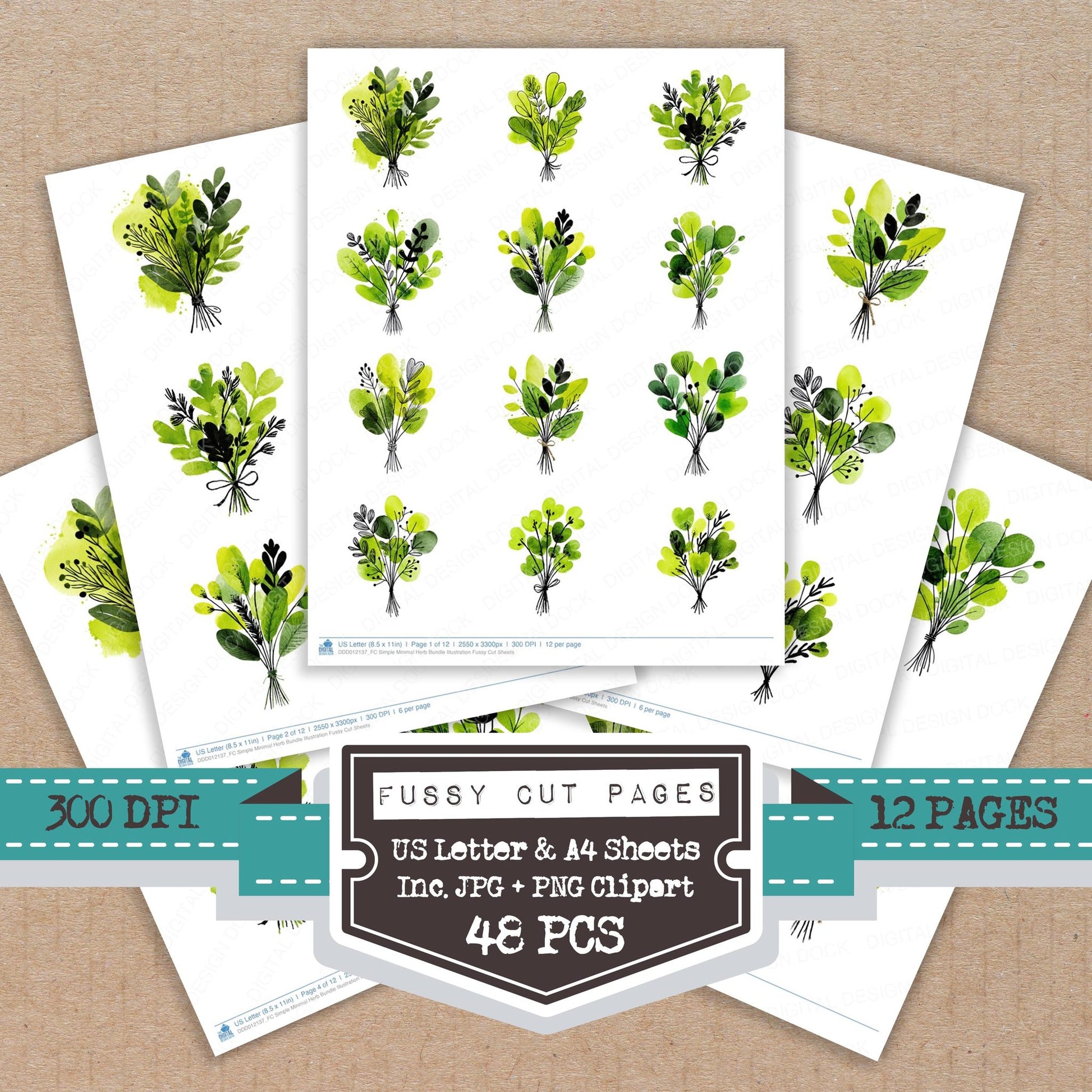 Simple Minimal Herb Illustration fussy cut printable sheets for junk journaling, scrapbooking, and paper craft projects
