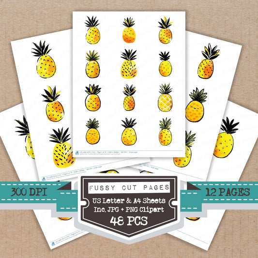 Simple Minimal Pineapple Illustration fussy cut printable sheets for junk journaling, scrapbooking, and paper craft projects
