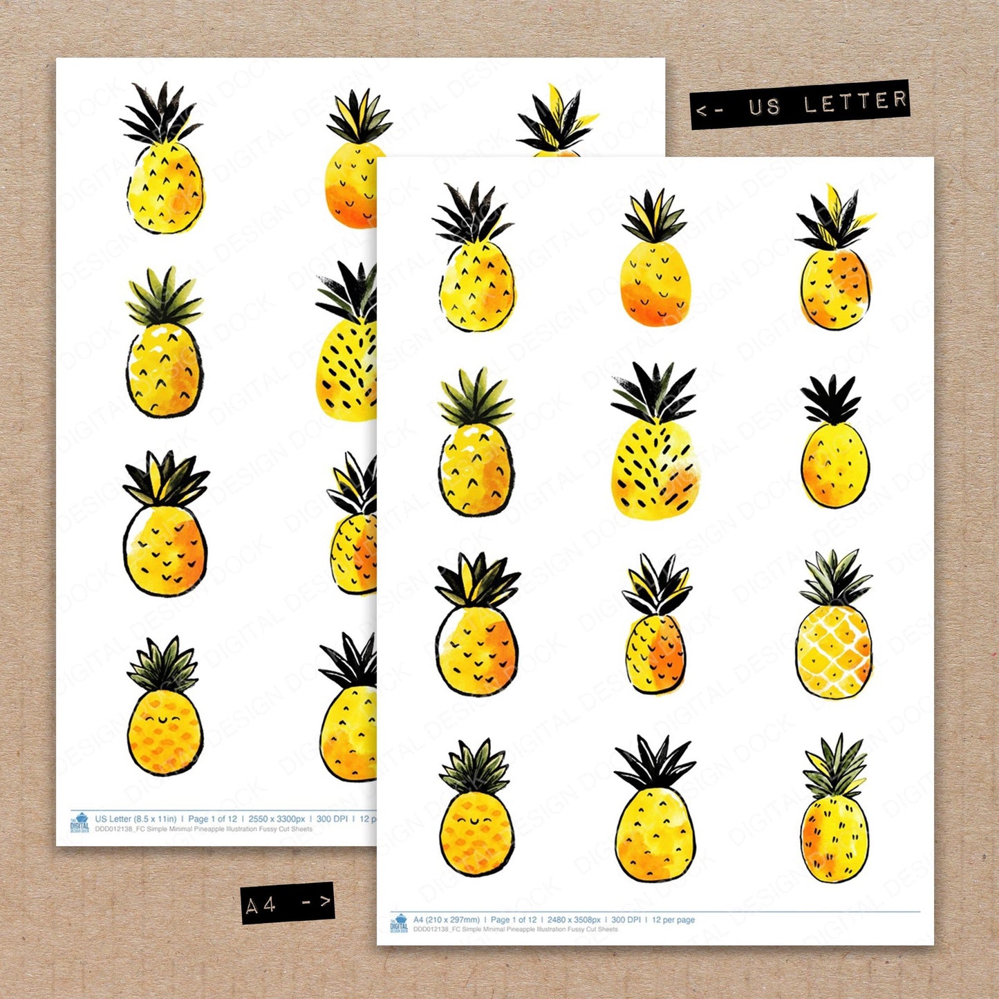 A4 and US Letter format comparison showing Simple Minimal Pineapple Illustration fussy cut pages for print and cut crafting