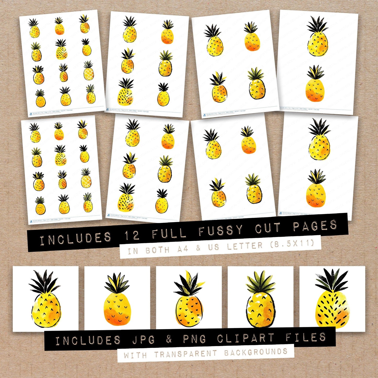 Full collection view of Simple Minimal Pineapple Illustration fussy cut sheets with bonus clipart JPG and PNG files