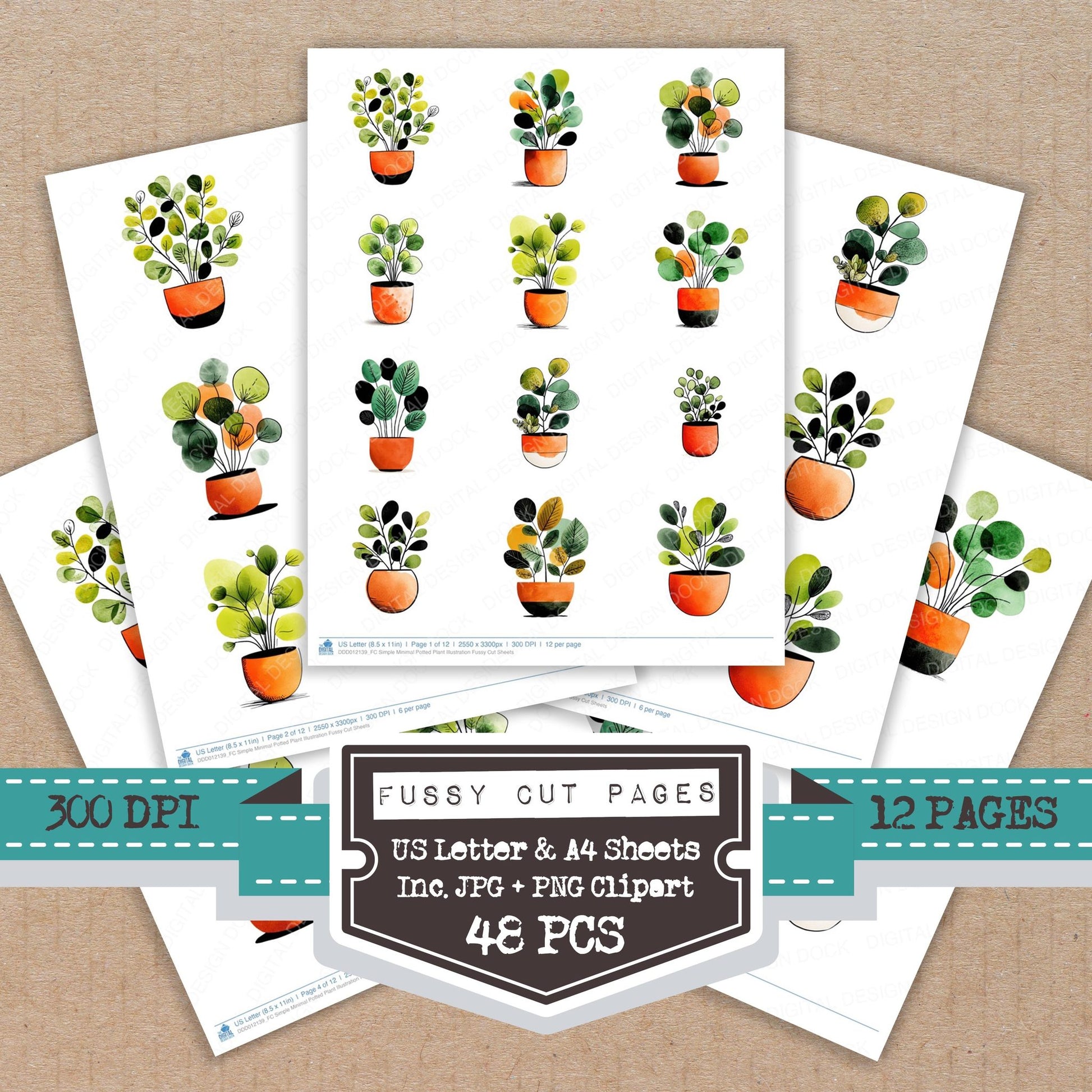 Simple Minimal Potted Plant Illustration fussy cut printable sheets for junk journaling, scrapbooking, and paper craft projects
