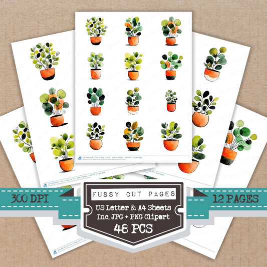 Simple Minimal Potted Plant Illustration fussy cut printable sheets for junk journaling, scrapbooking, and paper craft projects