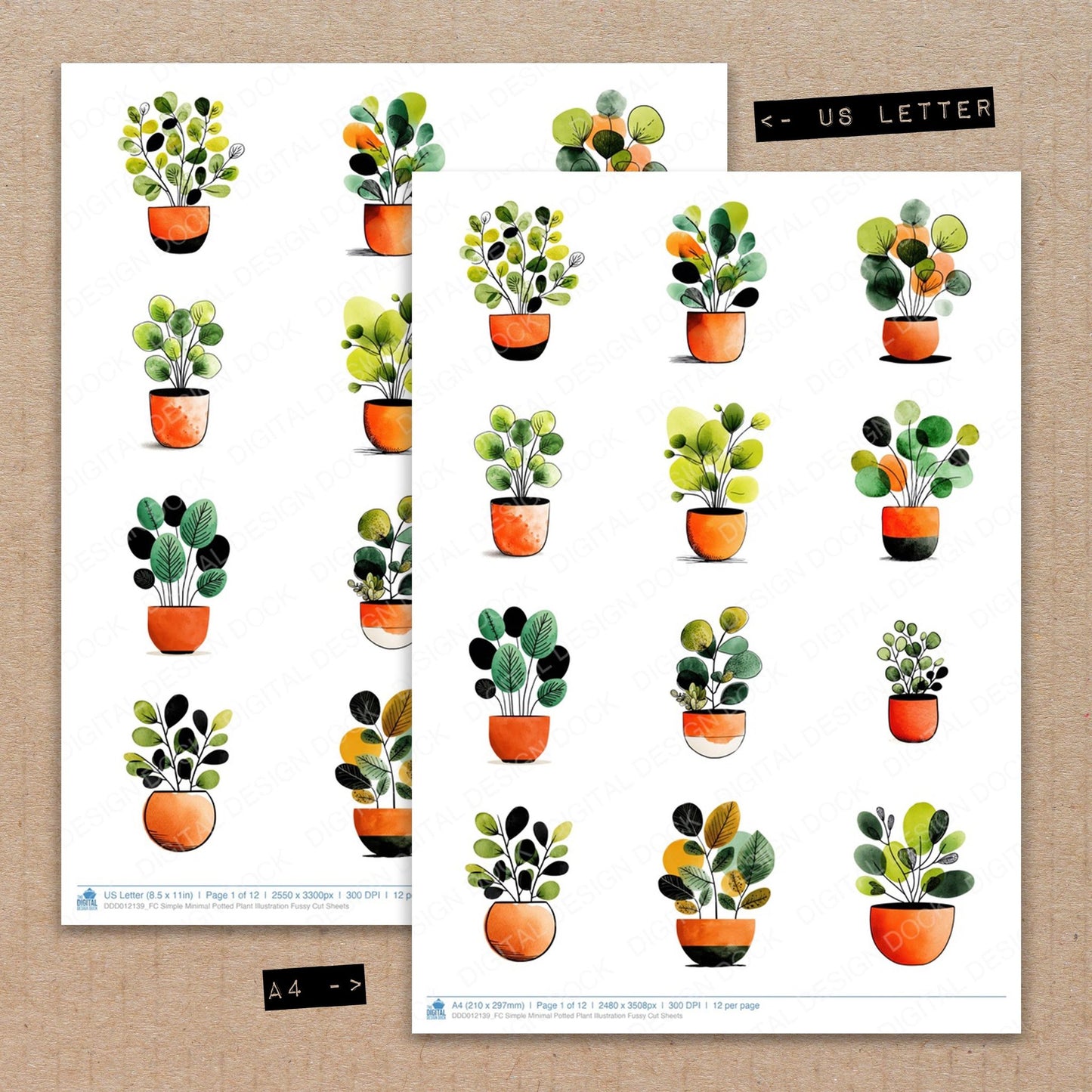 A4 and US Letter format comparison showing Simple Minimal Potted Plant Illustration fussy cut pages for print and cut crafting