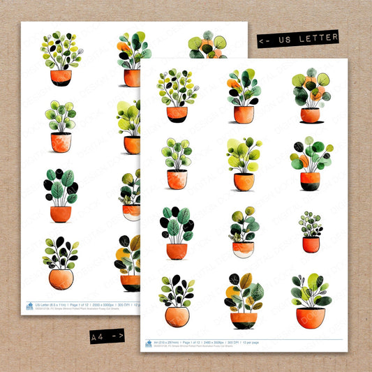 A4 and US Letter format comparison showing Simple Minimal Potted Plant Illustration fussy cut pages for print and cut crafting