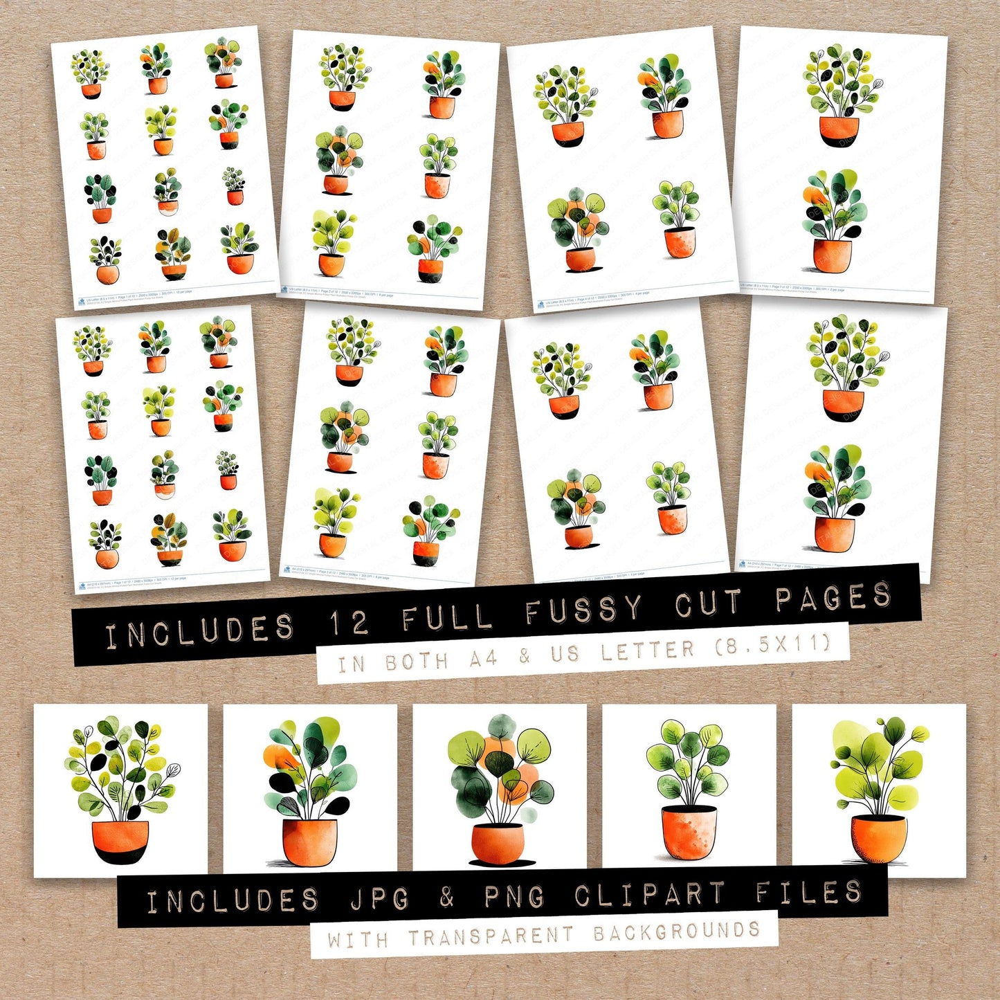 Full collection view of Simple Minimal Potted Plant Illustration fussy cut sheets with bonus clipart JPG and PNG files