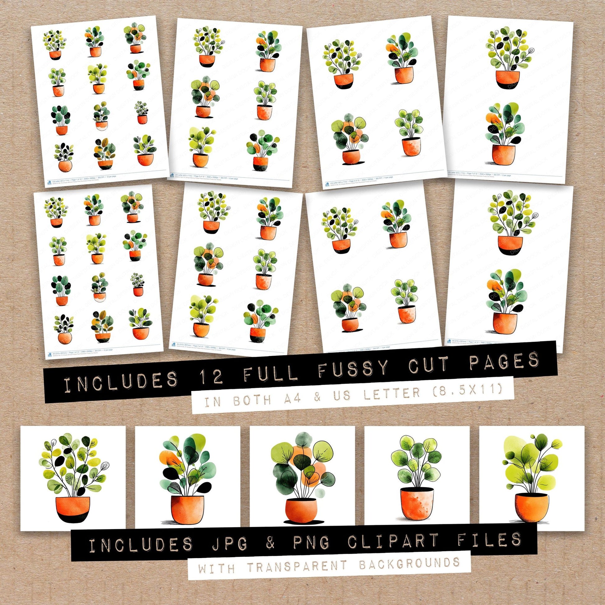 Full collection view of Simple Minimal Potted Plant Illustration fussy cut sheets with bonus clipart JPG and PNG files