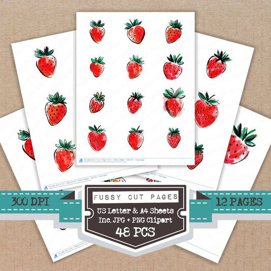 Simple Minimal Strawberry Illustration fussy cut printable sheets for junk journaling, scrapbooking, and paper craft projects