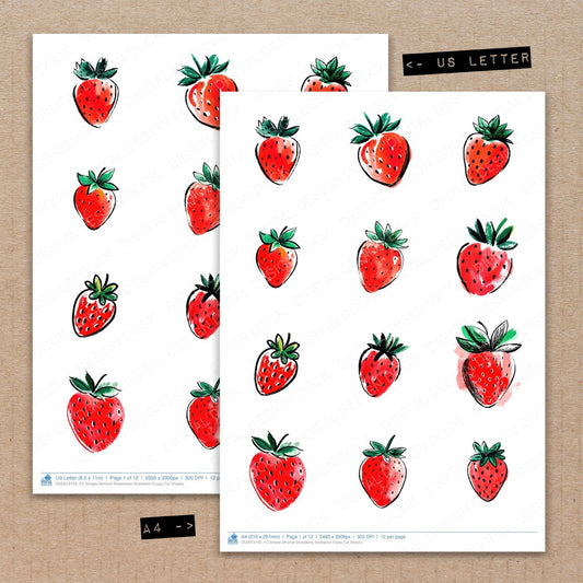 A4 and US Letter format comparison showing Simple Minimal Strawberry Illustration fussy cut pages for print and cut crafting
