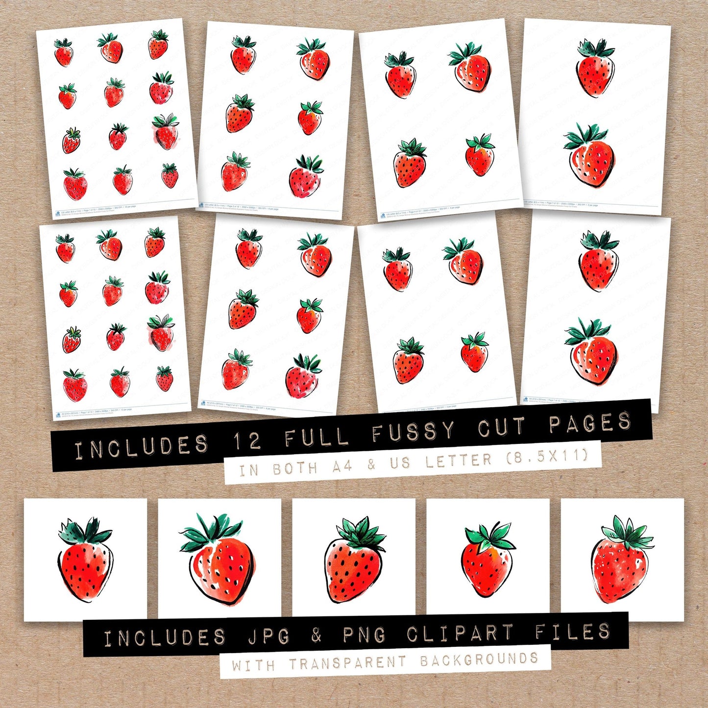 Full collection view of Simple Minimal Strawberry Illustration fussy cut sheets with bonus clipart JPG and PNG files