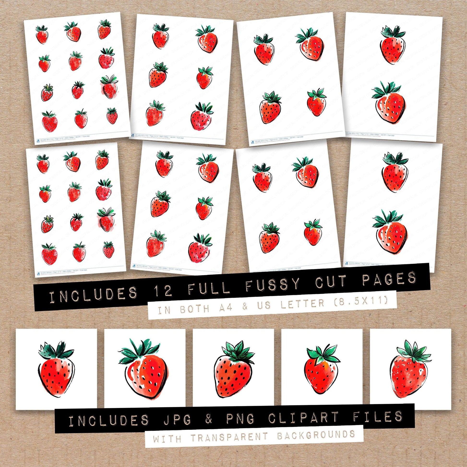 Full collection view of Simple Minimal Strawberry Illustration fussy cut sheets with bonus clipart JPG and PNG files