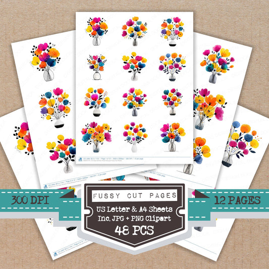 Vase Summer Flower Bouquet fussy cut printable sheets for junk journaling, scrapbooking, and paper craft projects