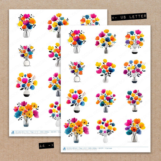 A4 and US Letter format comparison showing Vase Summer Flower Bouquet fussy cut pages for print and cut crafting