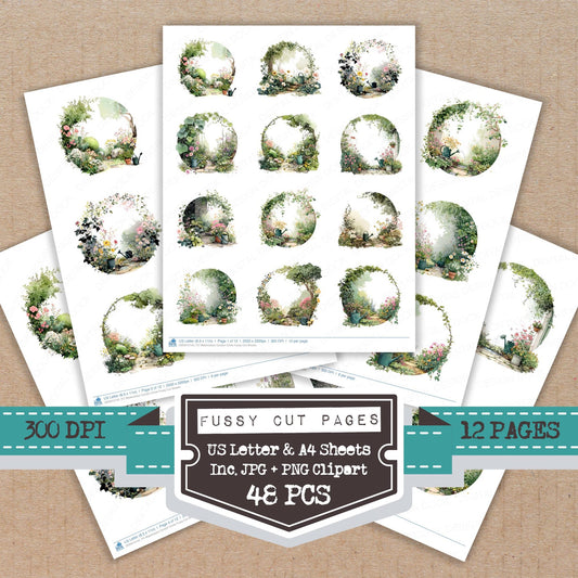 Watercolour Garden Circle fussy cut printable sheets for junk journaling, scrapbooking, and paper craft projects