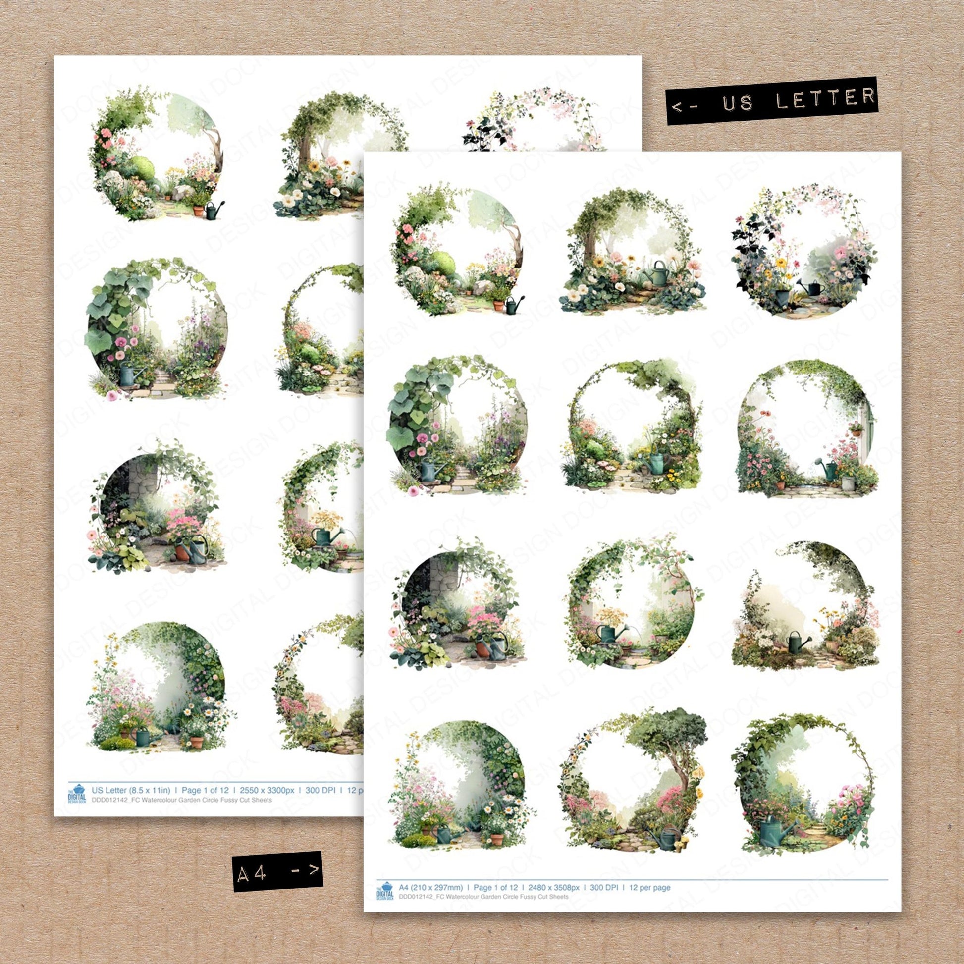 A4 and US Letter format comparison showing Watercolour Garden Circle fussy cut pages for print and cut crafting
