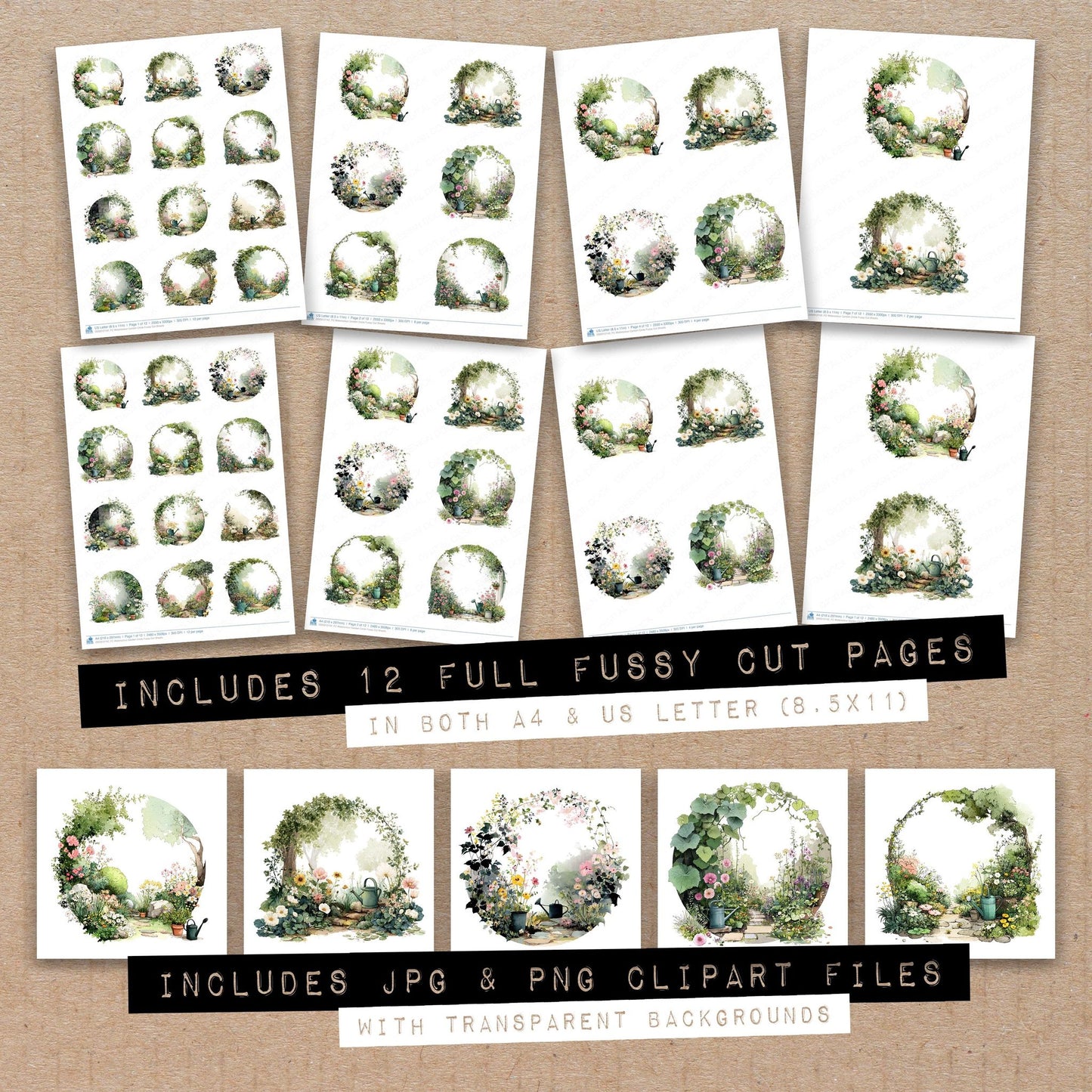 Full collection view of Watercolour Garden Circle fussy cut sheets with bonus clipart JPG and PNG files
