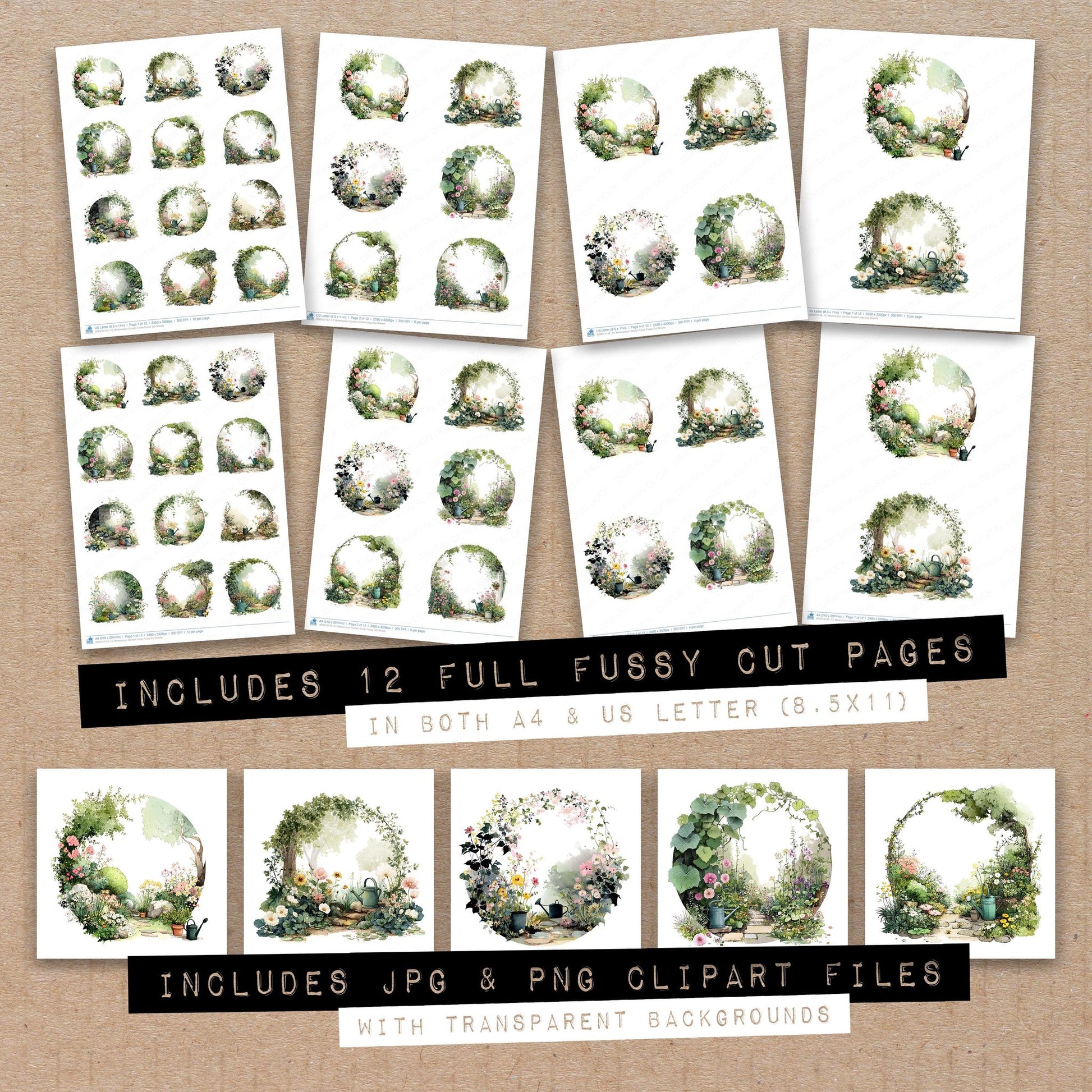 Full collection view of Watercolour Garden Circle fussy cut sheets with bonus clipart JPG and PNG files