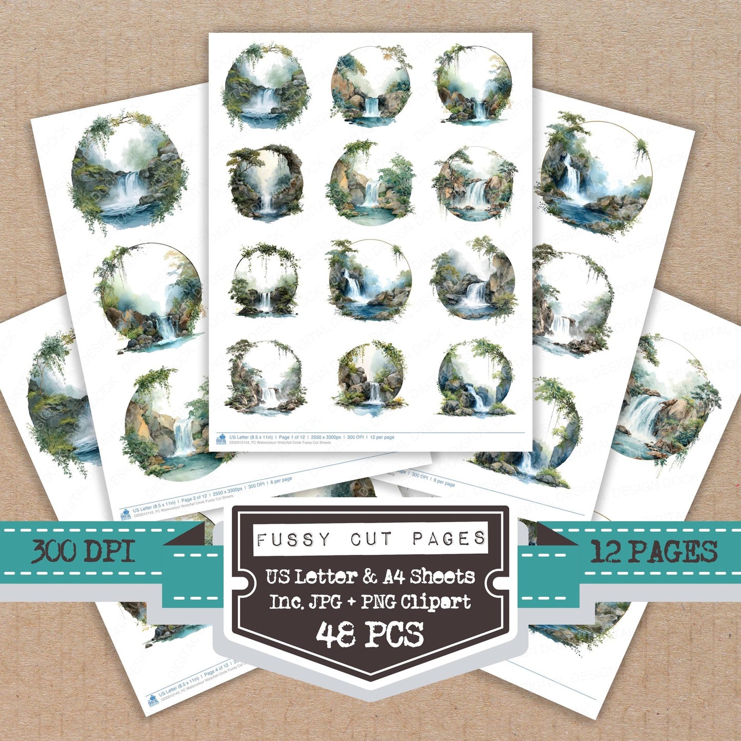 Watercolour Waterfall Circle fussy cut printable sheets for junk journaling, scrapbooking, and paper craft projects