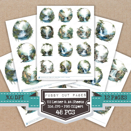 Watercolour Waterfall Circle fussy cut printable sheets for junk journaling, scrapbooking, and paper craft projects